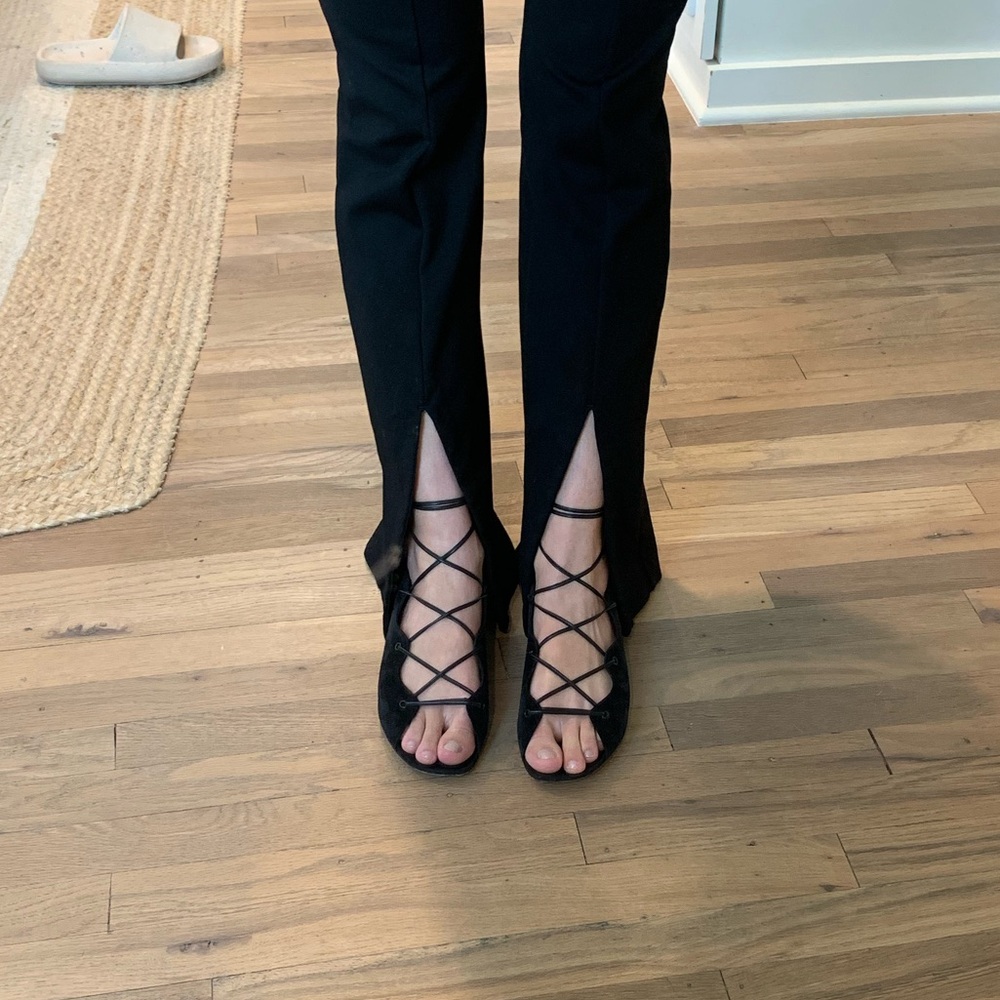 DESIGNER SAINT LAURENT BLACK SUEDE LACE UP FLAT SANDALS 6.5